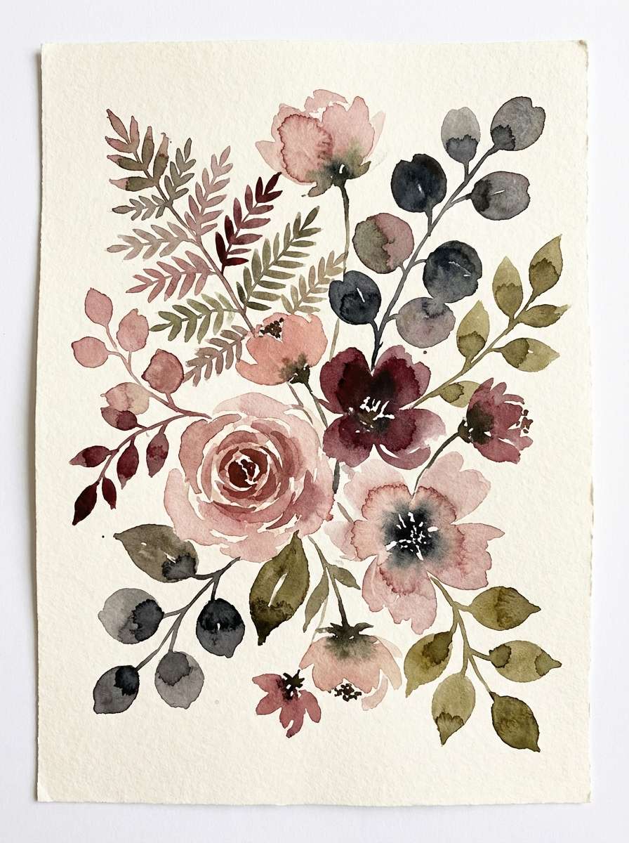 watercolor botanicals in mauve