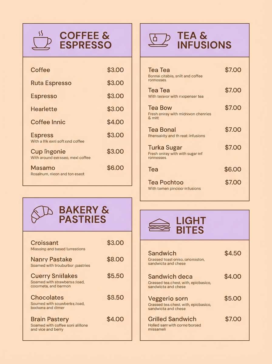 pastel lilac cafe menu