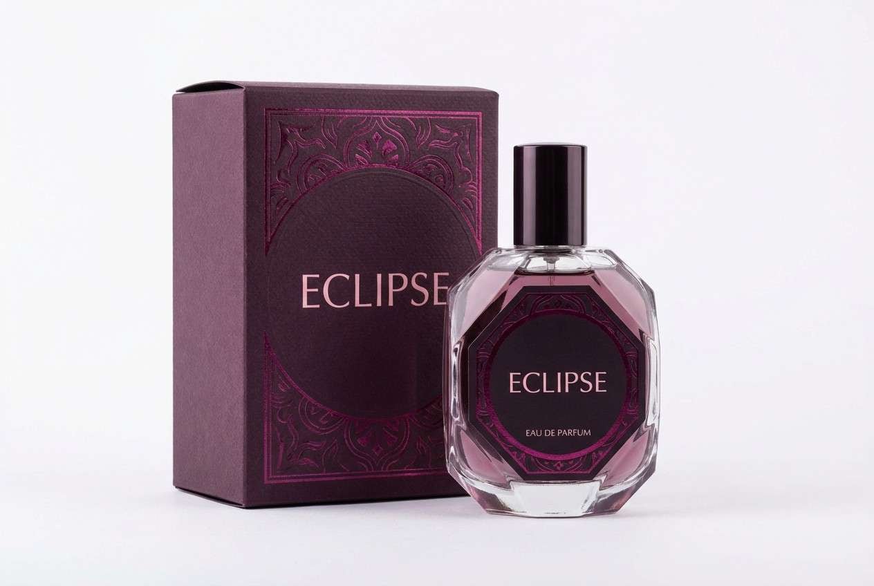 perfume packaging in plum velvet tones