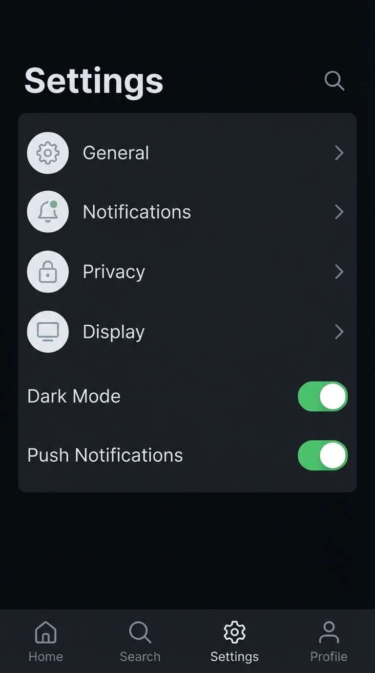 settings ui with icons