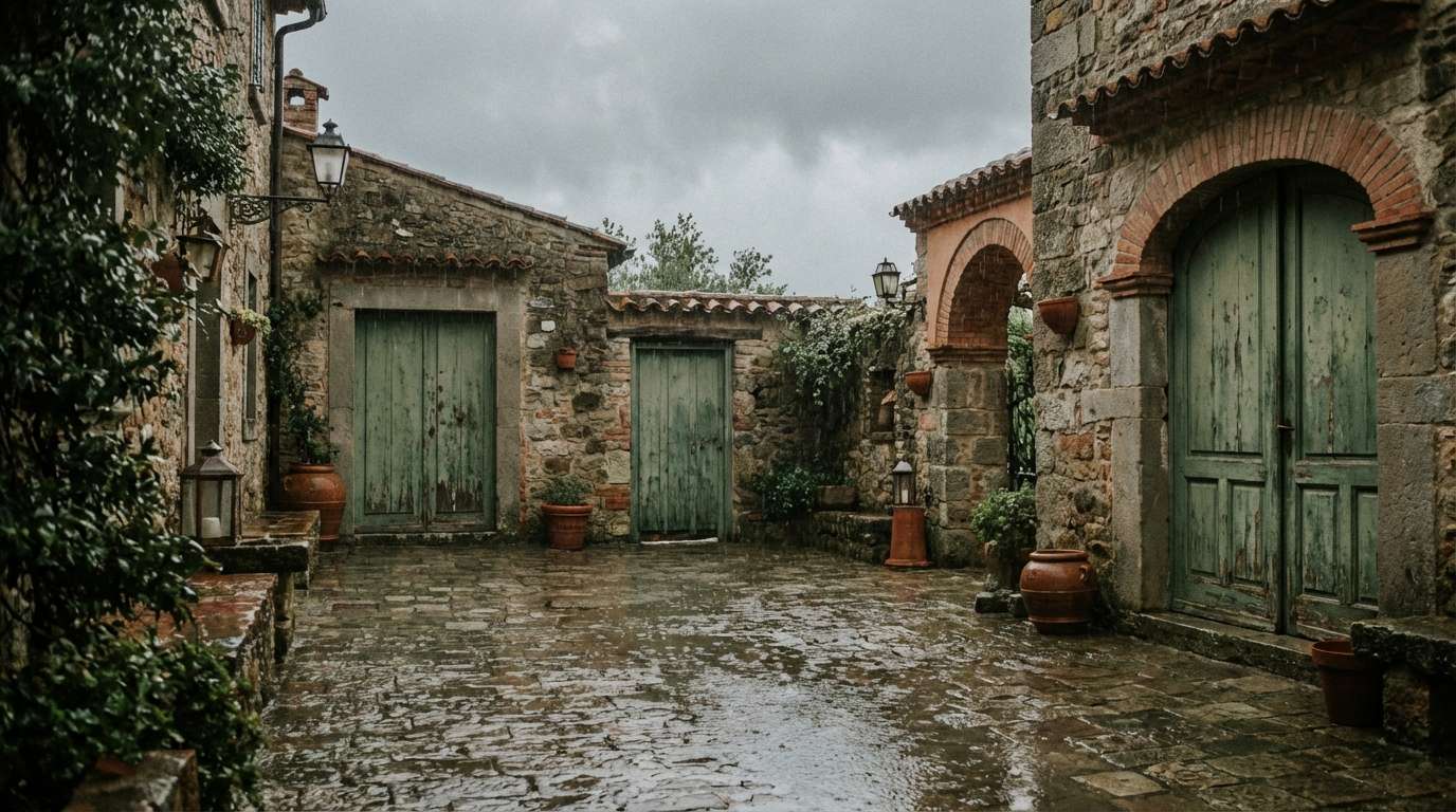 rainy courtyard exterior