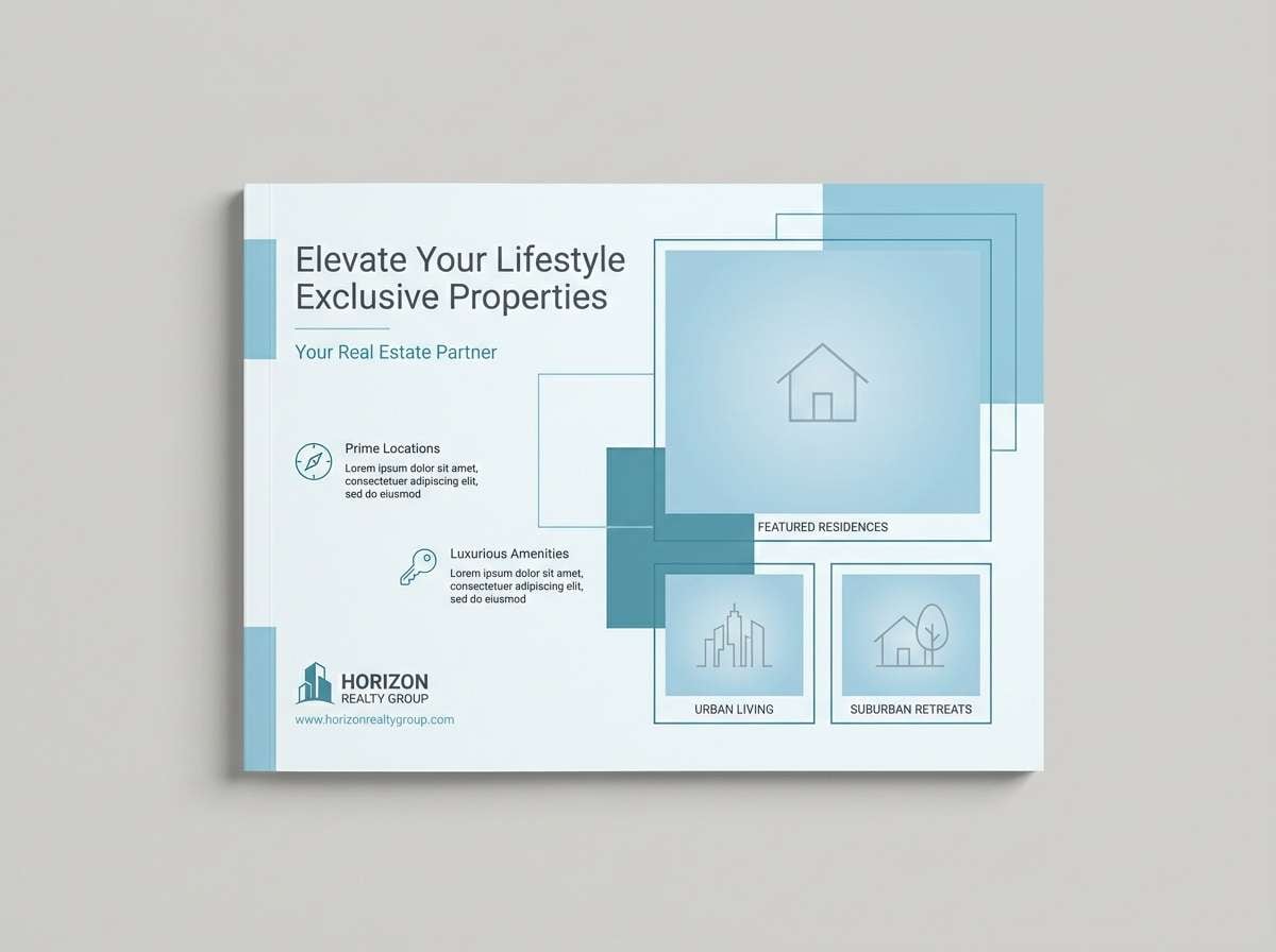 real estate brochure cover in green light blue color scheme