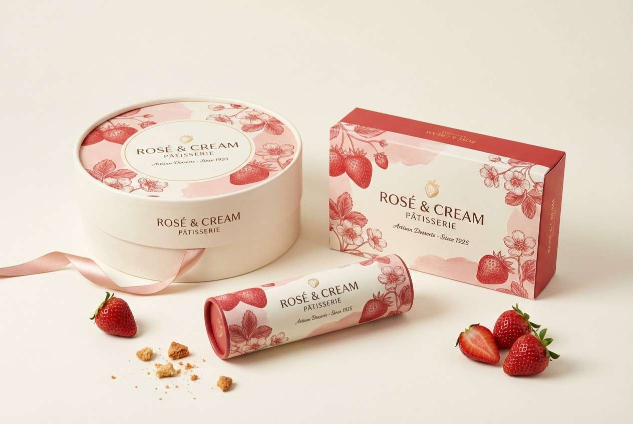 dessert packaging in red cream tones
