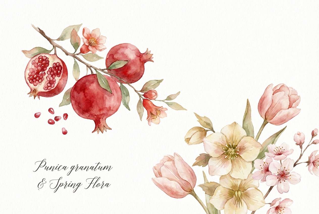 botanical watercolor in red and cream