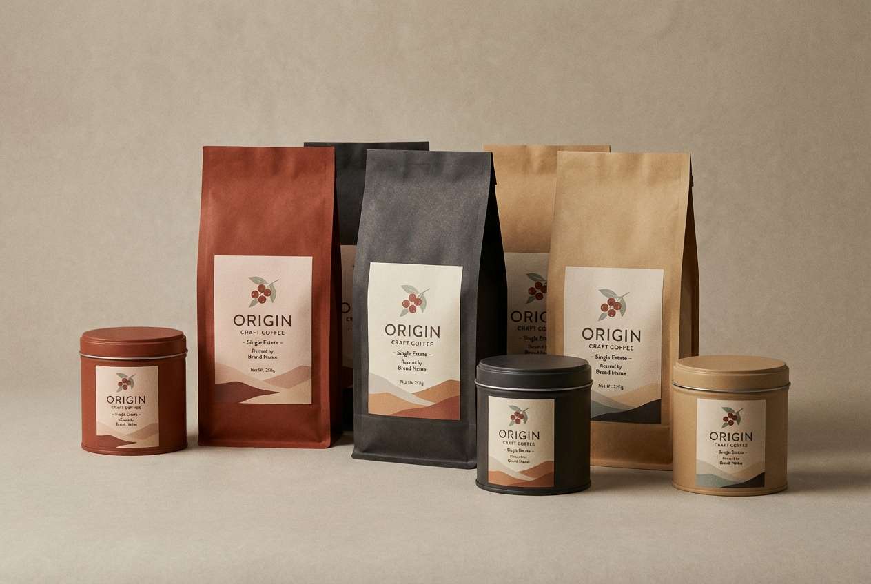 coffee packaging in rust tones