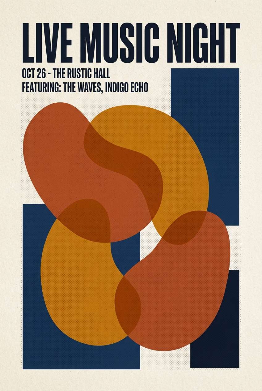 music poster in rust and navy