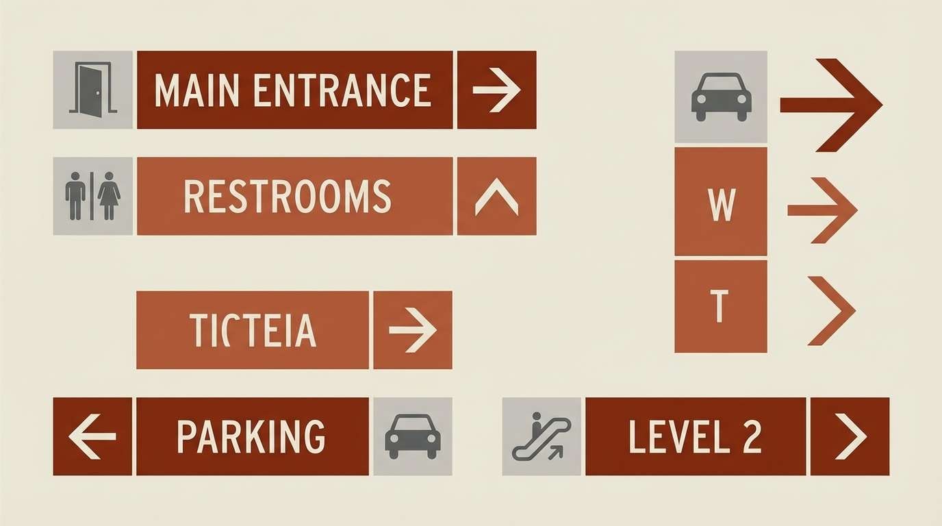 wayfinding signage in rust and gray