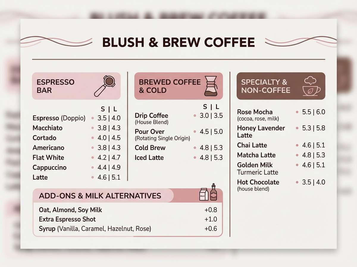 coffee menu in rosy browns