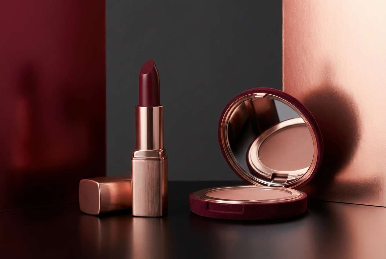 beauty ad in rose gold and wine