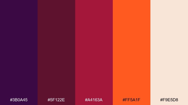 rosewood tangerine purple red orange color palette with hex codes