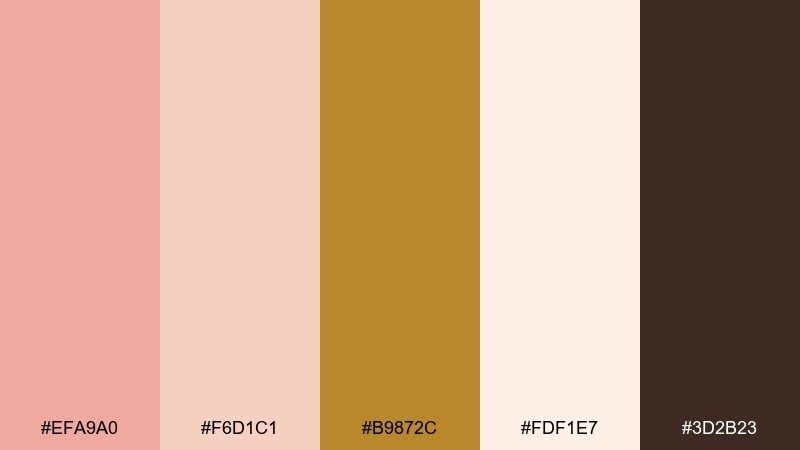 rosy brass gold peach color palette with hex codes