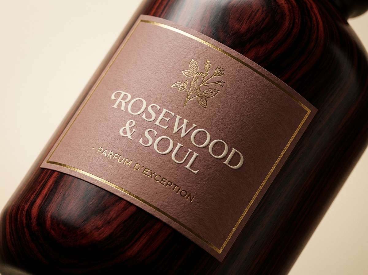 luxury label in moody rosewood tones