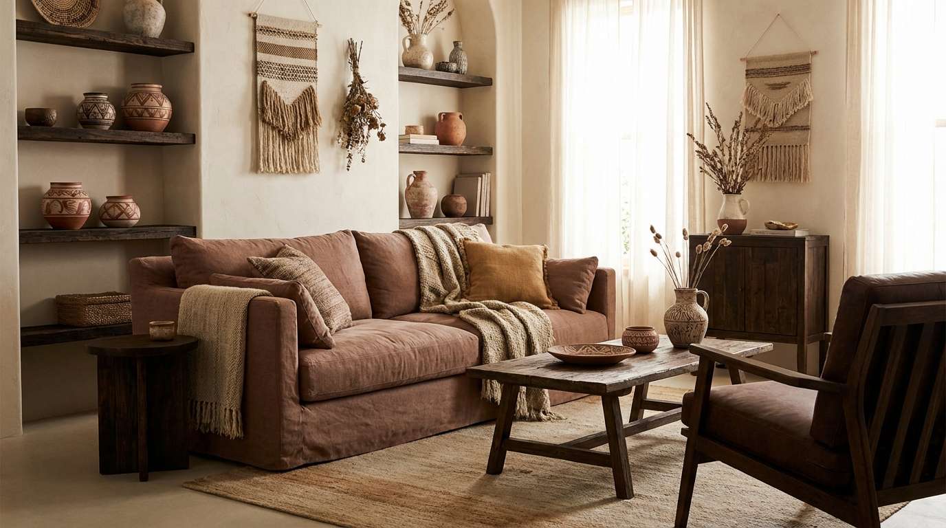boho living room warm earth tones