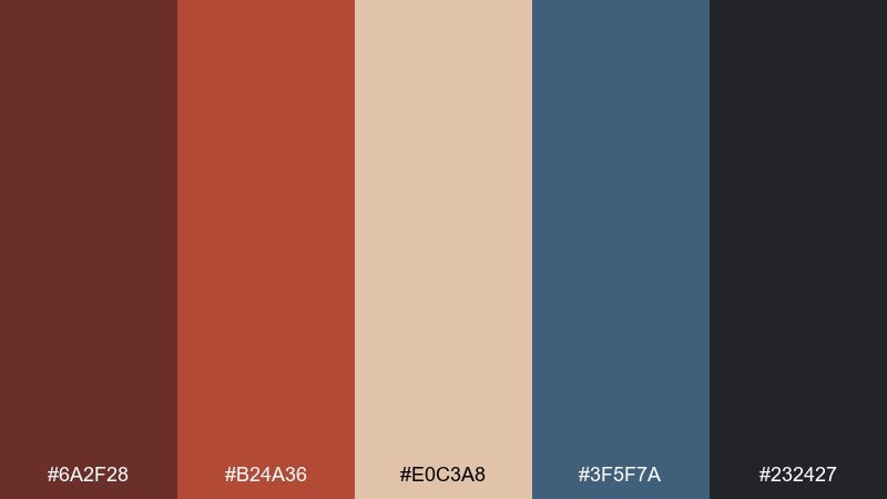 rust and denim burnt umber color palette with hex codes