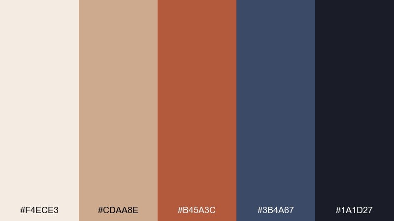 rust and indigo living room color palette with hex codes