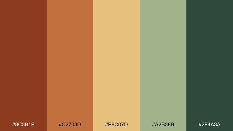 rust and sage autumn leaves color palette with hex codes