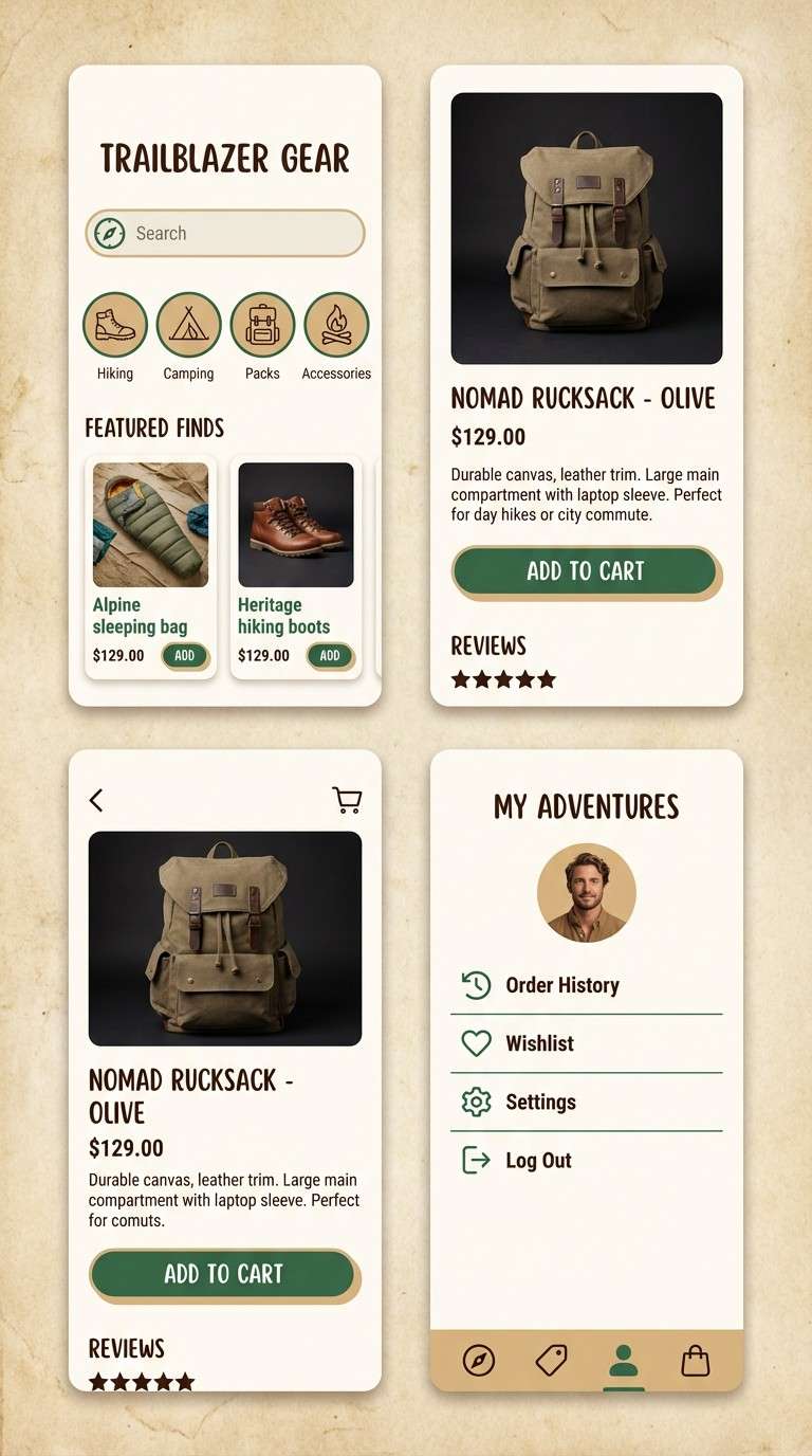 outdoor app ui screens in rustic color scheme