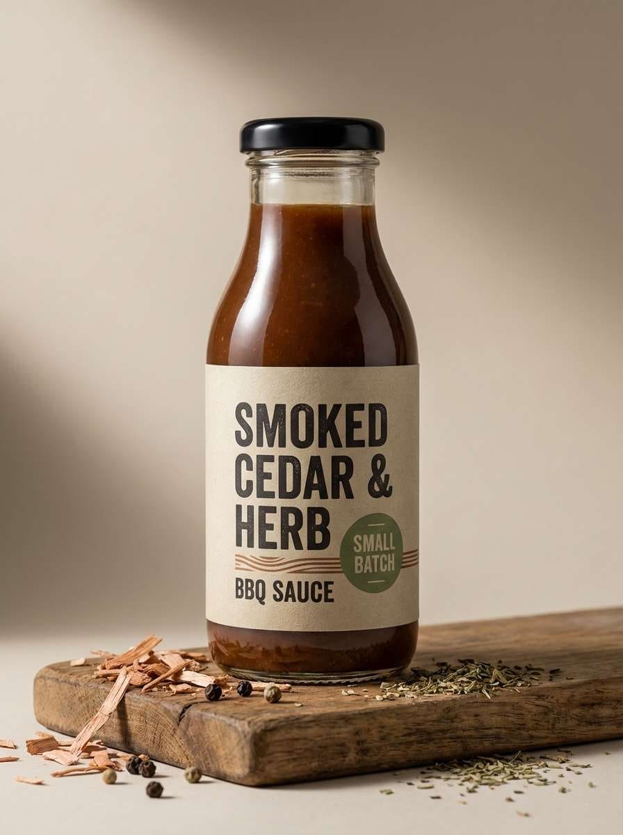 bbq sauce product ad with rustic tones