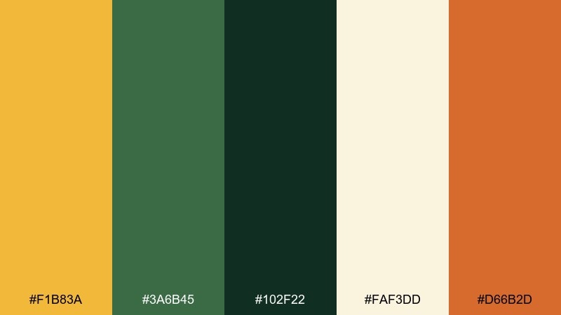 saffron forest yellow and dark green combination with hex codes