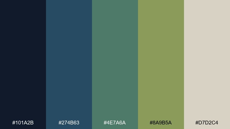 sage nightfall blue olive green color palette with hex codes