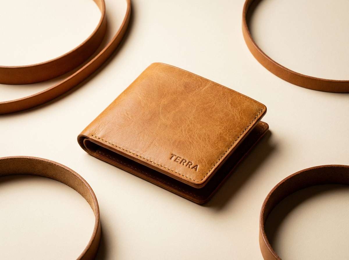 leather wallet product ad