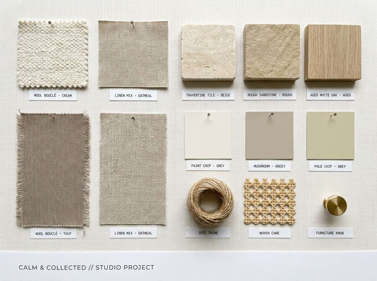 minimal interior moodboard in beige