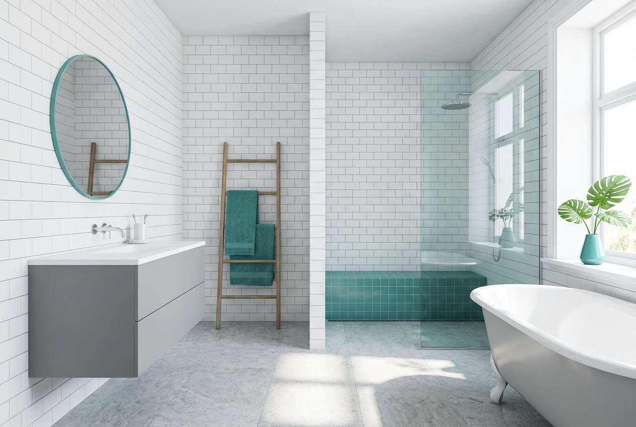 scandinavian bathroom teal accents