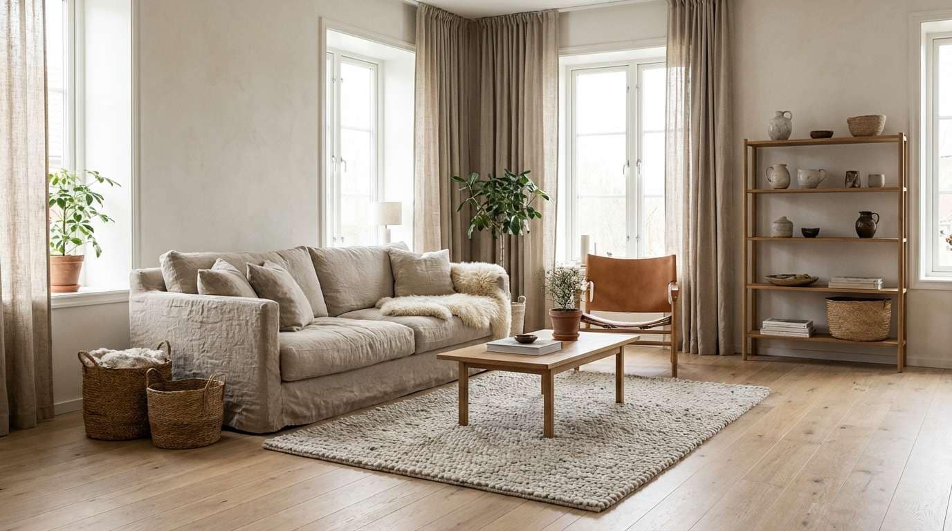 scandinavian living room in linen tones