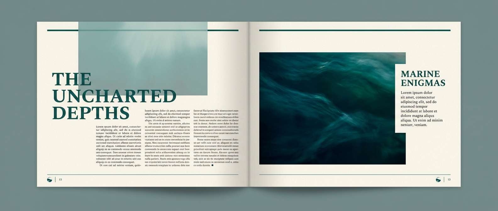 editorial spread layout in sea green color scheme