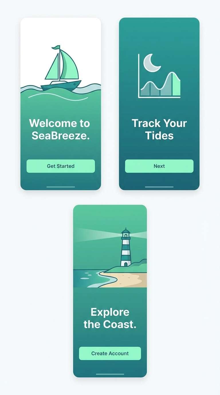 app onboarding screens using a color combination of sea green
