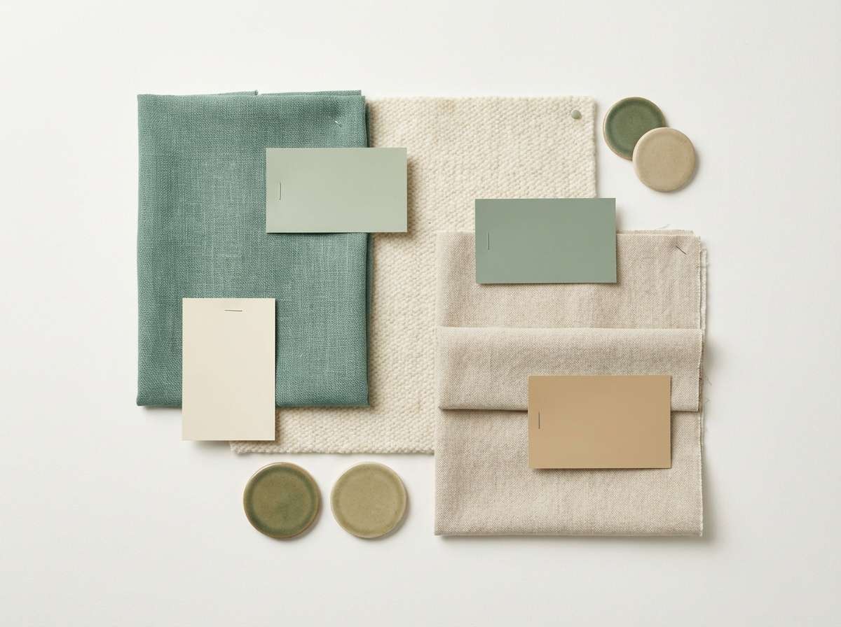 interior moodboard layout in sea green color scheme