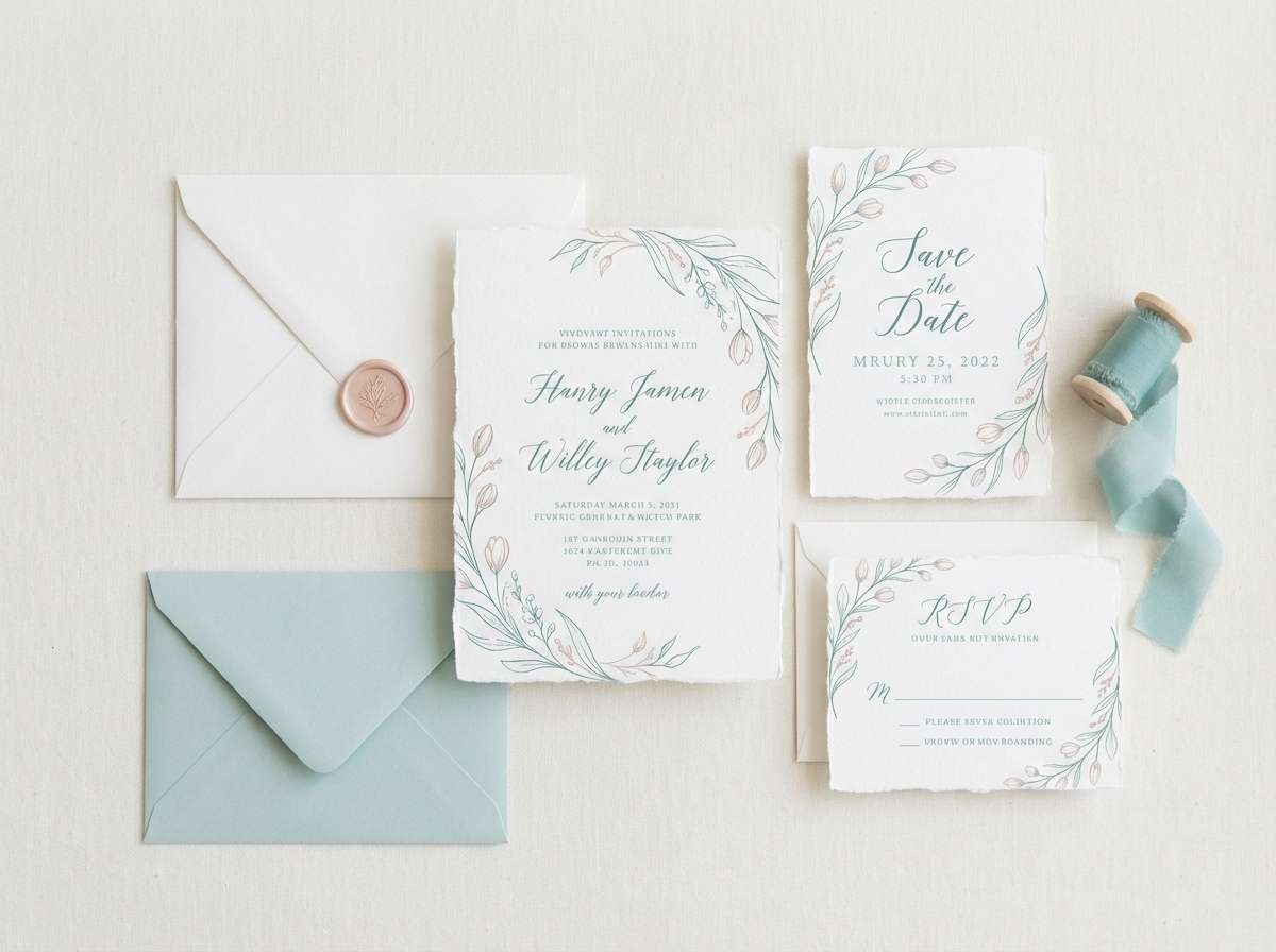 wedding invitation suite in sea green color palette