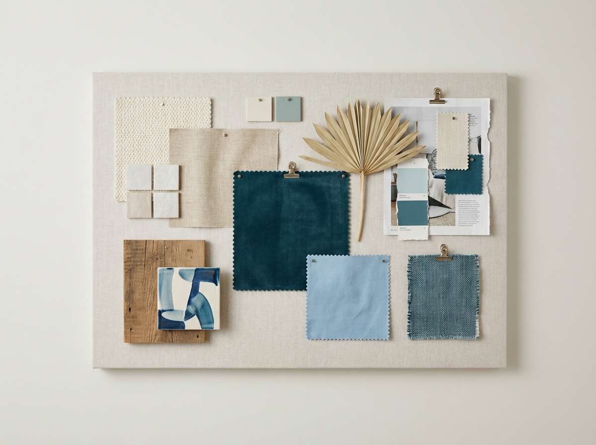 coastal interior mood board in deep sky blue color scheme