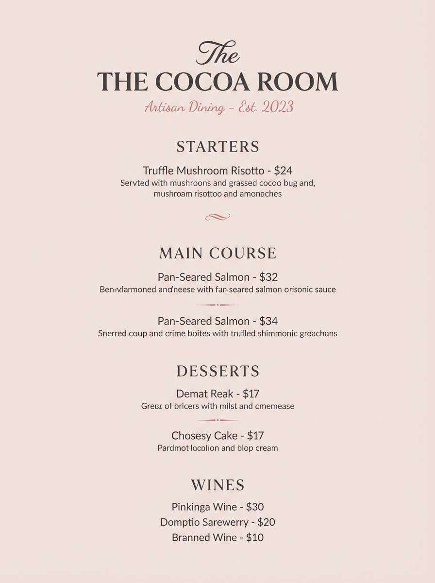 cozy restaurant menu