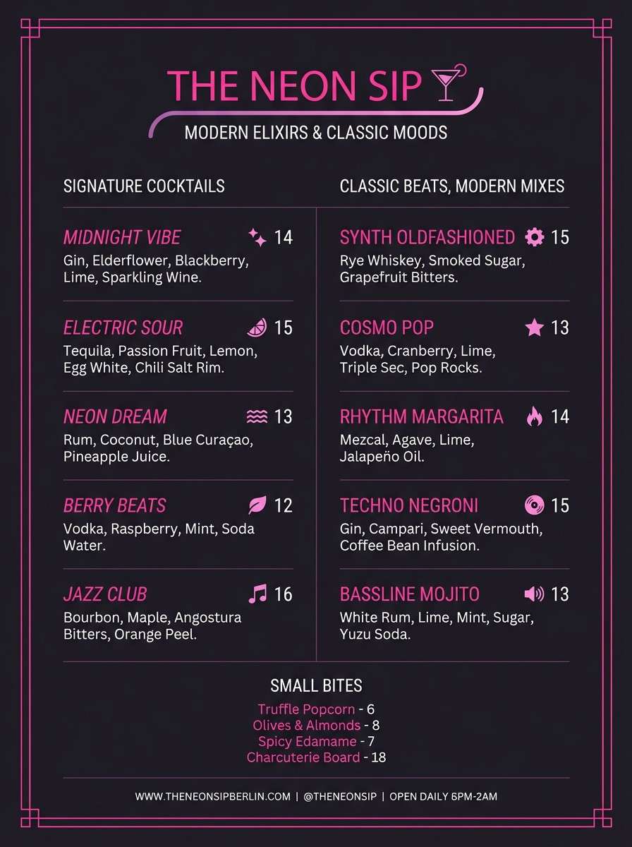 dark cocktail menu layout