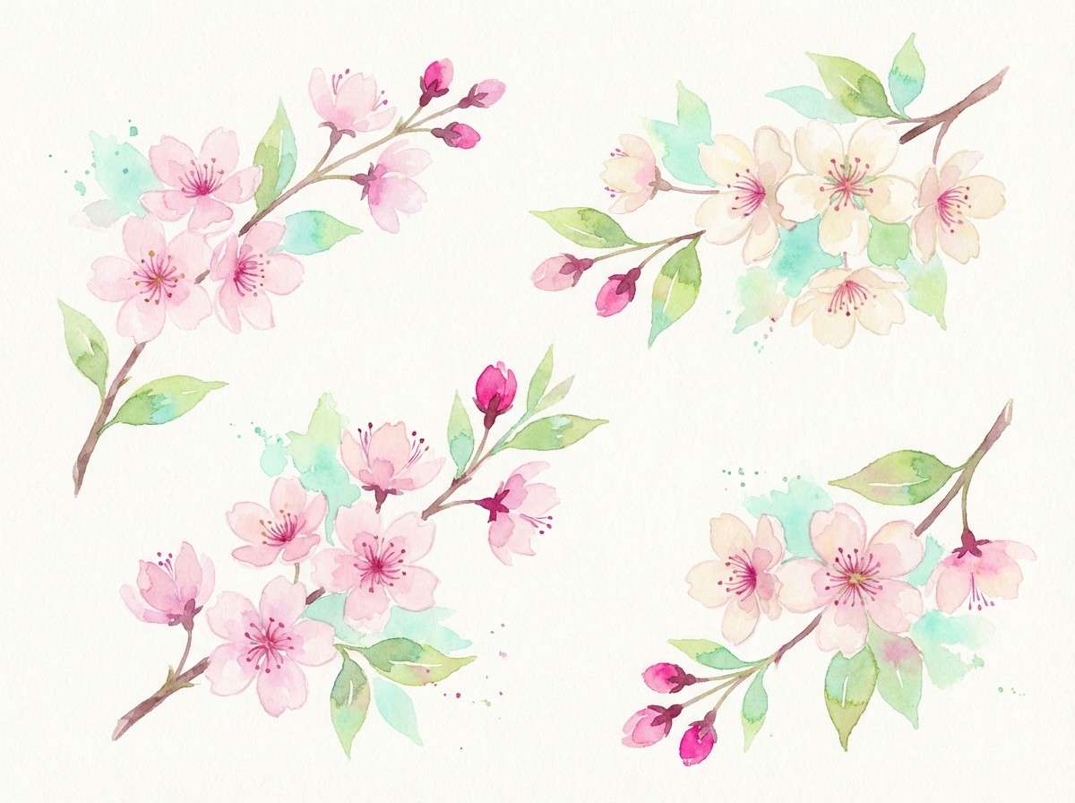 watercolor cherry blossoms set