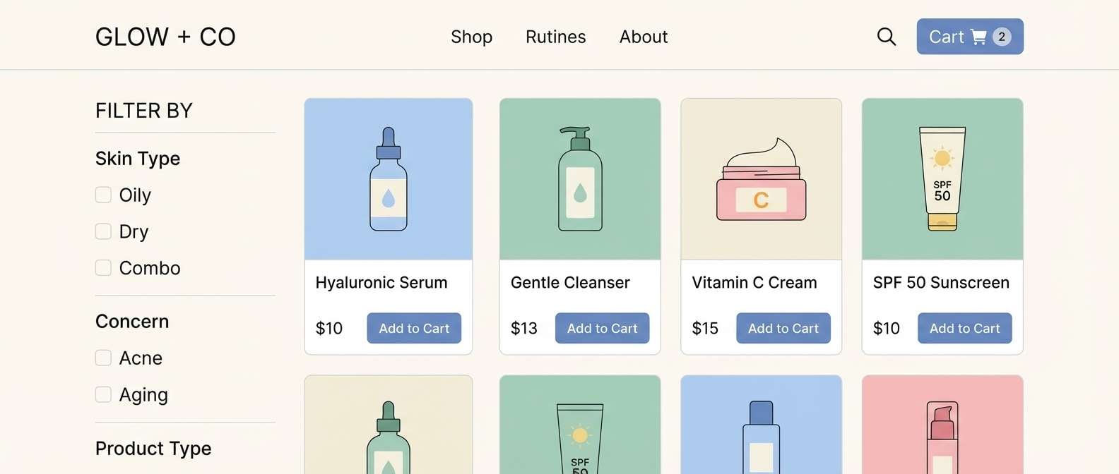 skincare shop ui
