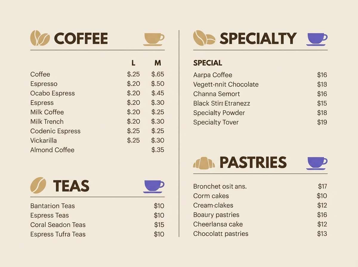 cafe menu layout with slate blue colors