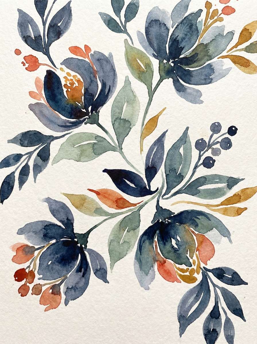 watercolor botanical print with a slate blue palette