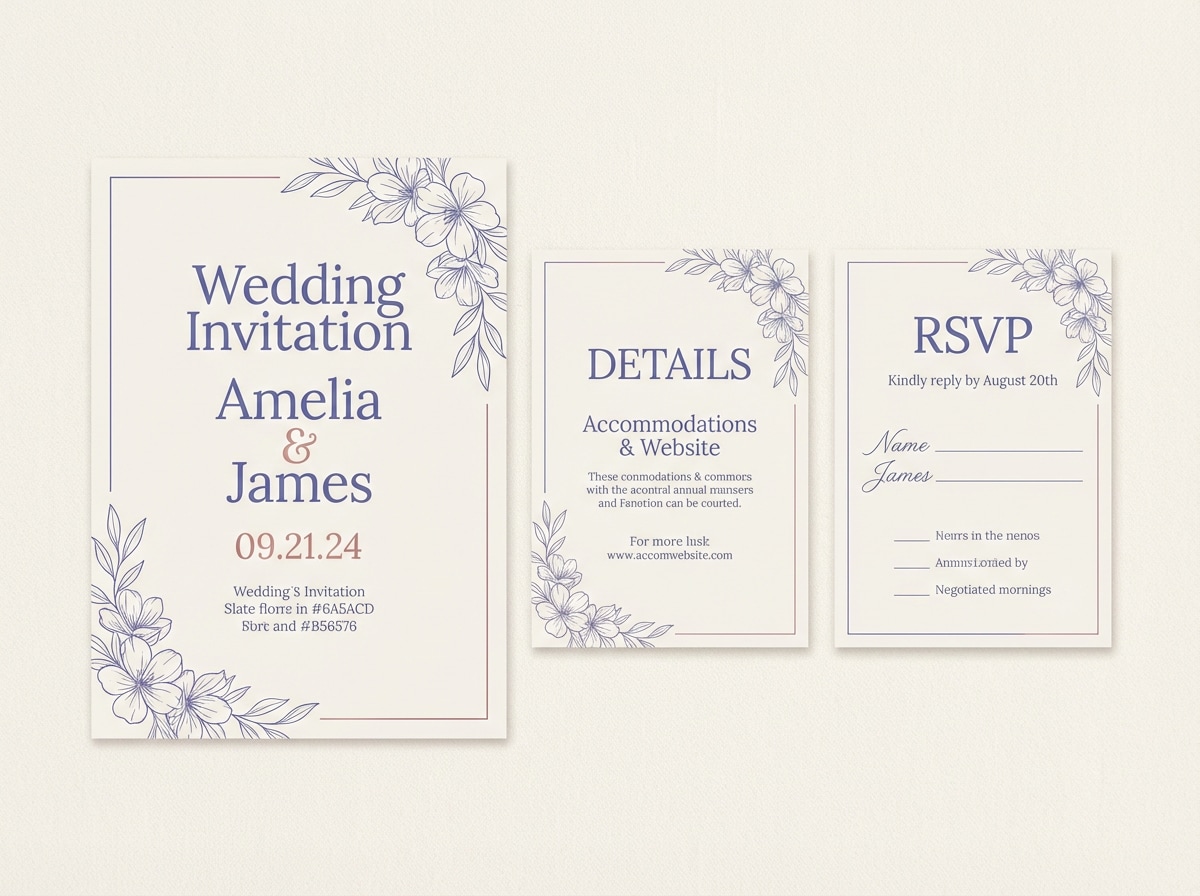 wedding invitation suite with slate blue tones