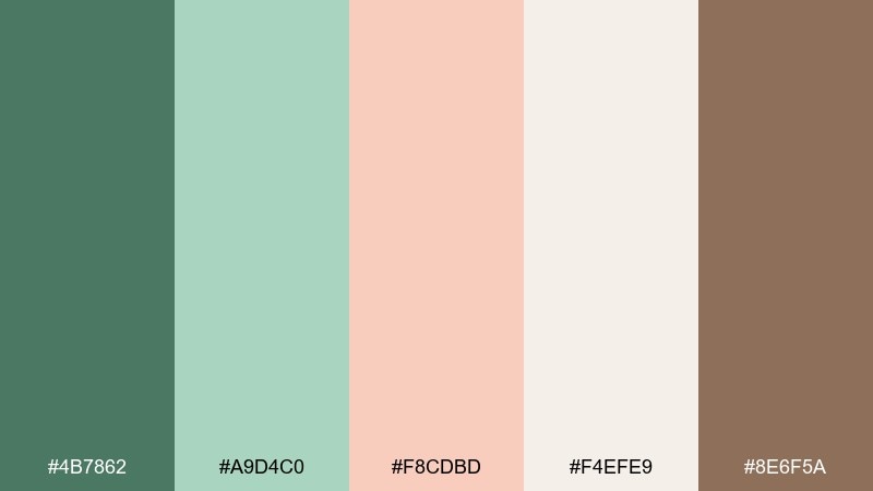 soft grove green peach color palette with hex codes