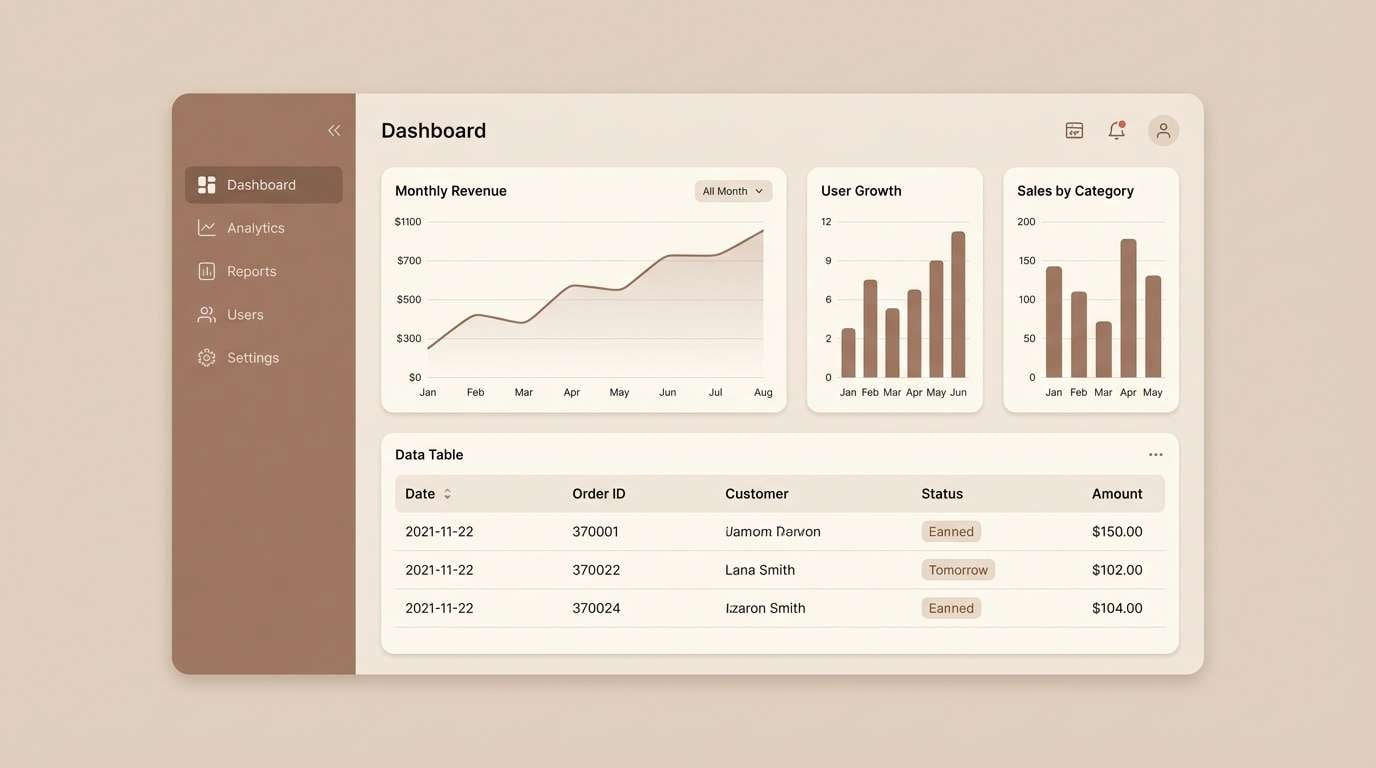 admin dashboard in warm neutrals