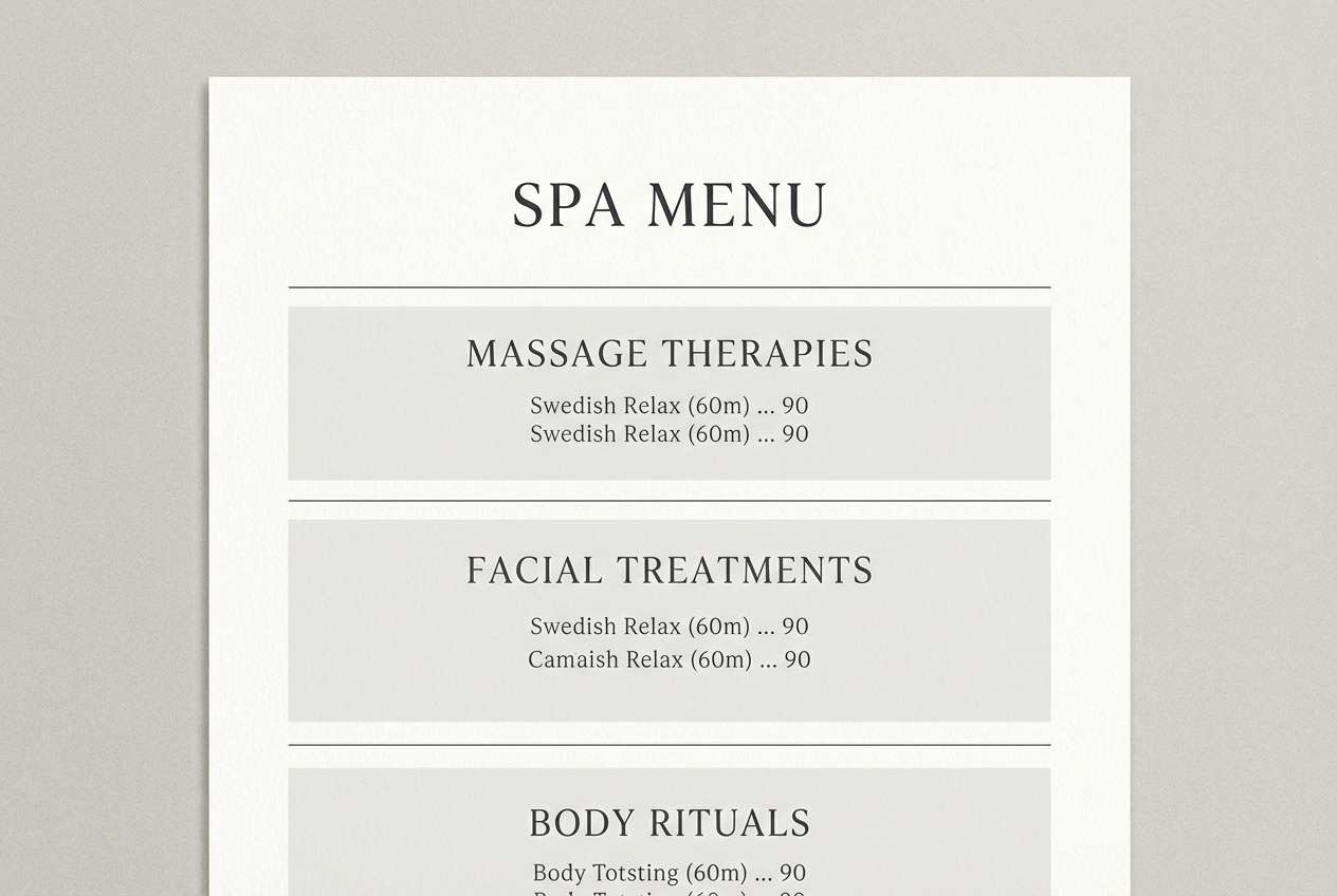 spa menu design