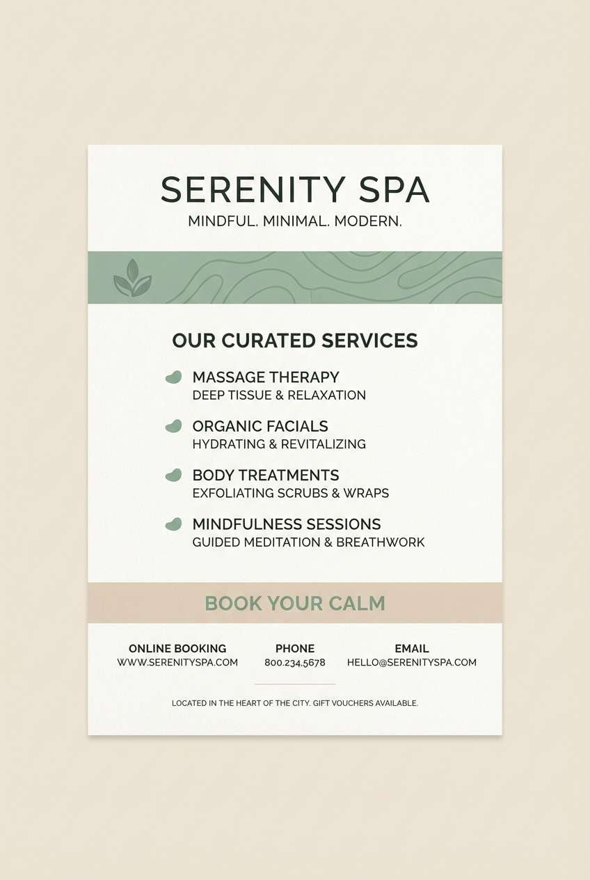 spa flyer in misty greens