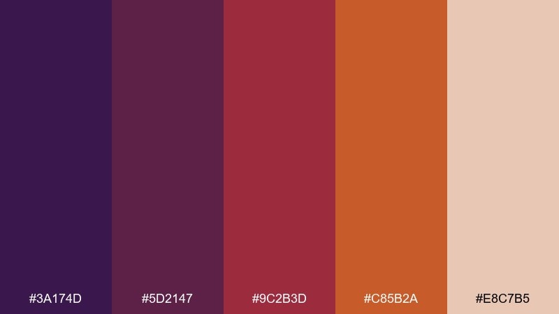 spiced plum purple red orange color palette with hex codes