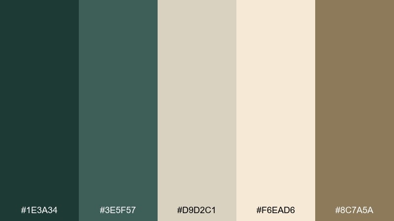spruce almond night green cream color palette with hex codes