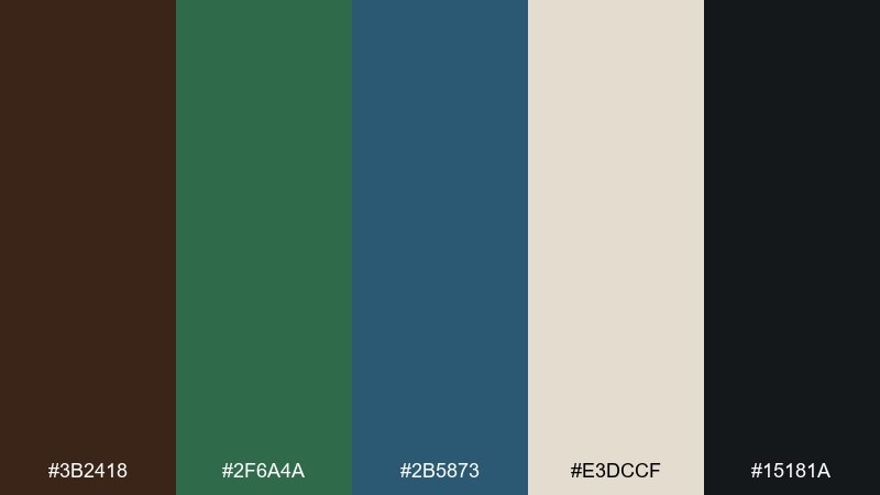 stormy evergreen brown green blue color palette with hex codes
