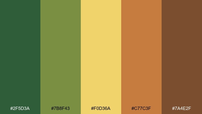 sunlit terracotta field green yellow brown color palette with hex codes