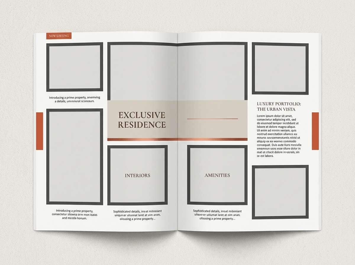 real estate brochure in warm brick tones