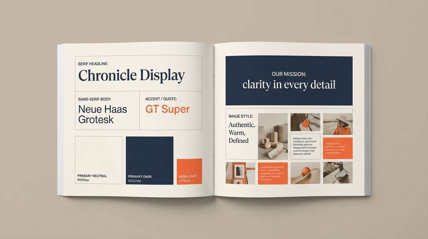 brand guidelines layout in orange and indigo